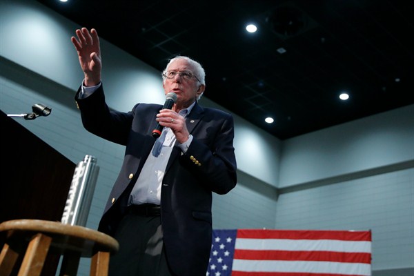 Democratic presidential candidate Sen. Bernie Sanders of Vermont at a campaign rally in Sioux City, Iowa, Jan. 26, 2020 (AP photo by John Locher).