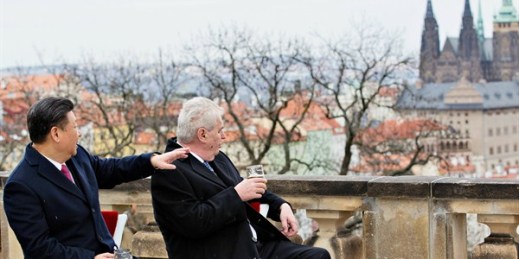 Czech President Milos Zeman, right, and his Chinese counterpart Xi Jinping on the terrace of the Strahov Monastery in Prague, Czech Republic, March 30, 2016 (Photo by Rene Fluger for CTK via AP Images).