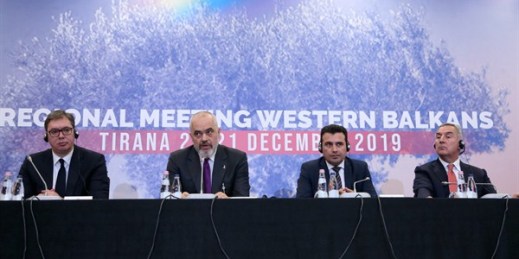 The leaders of Serbia, Albania, North Macedonia and Montenegro attend a news conference during a regional summit in Tirana, Albania, Dec. 21, 2019 (AP photo by Hektor Pustina).