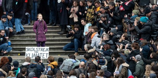 17-year-old Swedish climate activist Greta Thunberg delivers a speech after a climate protest in Lausanne, Switzerland, Jan. 17, 2020 (Keystone photo by Gabriel Monnet via AP Images).