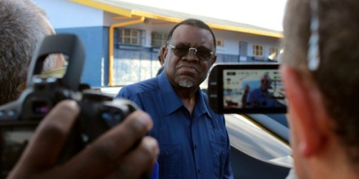 Namibian President Hage Geingob arrives to cast his vote in the country’s election, Windhoek, Namibia, Nov. 27, 2019 (AP photo by Brandon van Wyk).