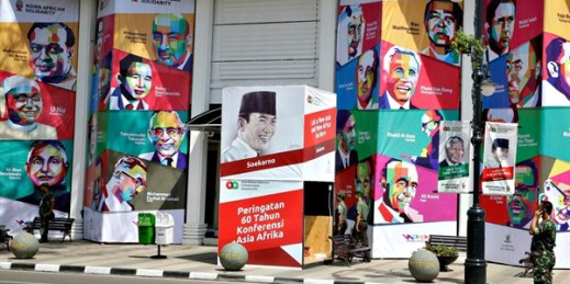 A building with posters of former Asian and African leaders before the commemoration of the 60th anniversary of the Bandung Conference in West Java, Indonesia, April 23, 2015 (AP photo by Achmad Ibrahim).