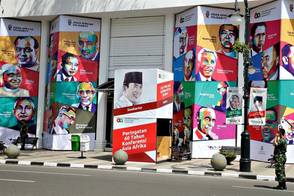 A building with posters of former Asian and African leaders before the commemoration of the 60th anniversary of the Bandung Conference in West Java, Indonesia, April 23, 2015 (AP photo by Achmad Ibrahim).