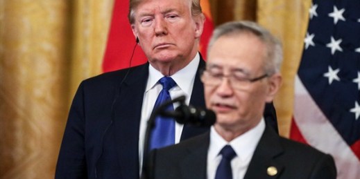 President Donald Trump listens as Chinese Vice Premier Liu He speaks during a press conference at the White House, in Washington, Jan. 15, 2020 (SIPA photo by Oliver Contreras via AP Images).