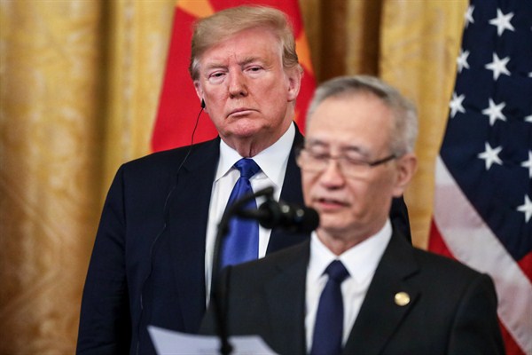 President Donald Trump listens as Chinese Vice Premier Liu He speaks during a press conference at the White House, in Washington, Jan. 15, 2020 (SIPA photo by Oliver Contreras via AP Images).