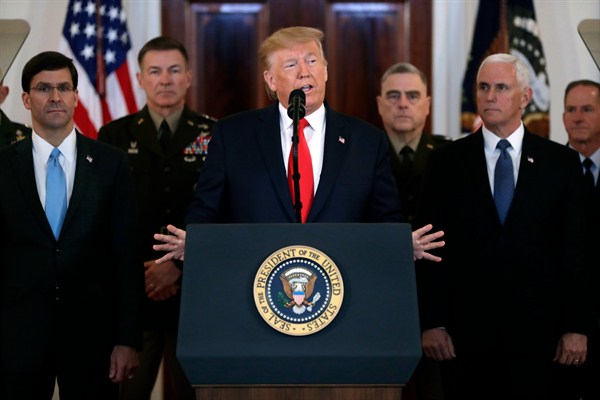 President Donald Trump addresses the nation from the White House on the ballistic missile strike that Iran launched against Iraqi air bases housing U.S. troops, Washington, Jan. 8, 2020 (AP photo by Evan Vucci).