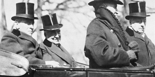 The retiring 28th president of the United States, Woodrow Wilson, rides with his successor, Warren G. Harding, to the latter’s inauguration, in Washington, March 4, 1921 (AP photo).