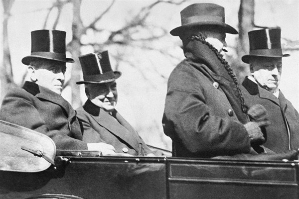 The retiring 28th president of the United States, Woodrow Wilson, rides with his successor, Warren G. Harding, to the latter’s inauguration, in Washington, March 4, 1921 (AP photo).