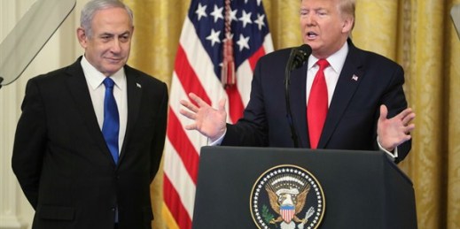 President Donald Trump speaks during a press conference with Israeli Prime Minister Benjamin Netanyahu in the East Room of the White House, Washington, Jan. 28, 2020 (Photo by Oliver Contreras for Sipa via AP Images).