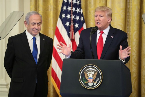 President Donald Trump speaks during a press conference with Israeli Prime Minister Benjamin Netanyahu in the East Room of the White House, Washington, Jan. 28, 2020 (Photo by Oliver Contreras for Sipa via AP Images).