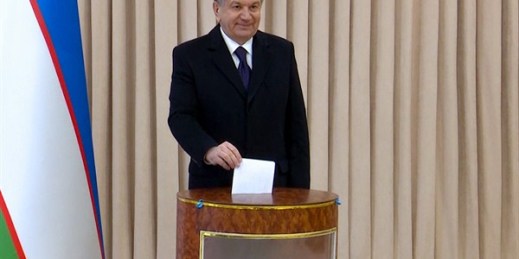 Uzbek President Shavkat Mirziyoyev poses for a photo during parliamentary elections, at a polling station in Tashkent, Uzbekistan, Dec. 22, 2019 (screengrab image from UZREPORT Government TV Channel via AP Images).