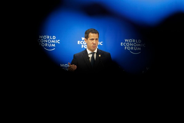 Venezuelan opposition leader Juan Guaido addresses the World Economic Forum in Davos, Switzerland, Jan. 23, 2020 (AP photo by Markus Schreiber).