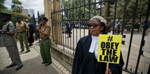 Mercy Wambua, the CEO of the Law Society of Kenya, protesting outside the Supreme Court, after the government deported an opposition politician in defiance of a court order, Nairobi, Kenya, Feb. 15, 2018 (AP photo by Ben Curtis).