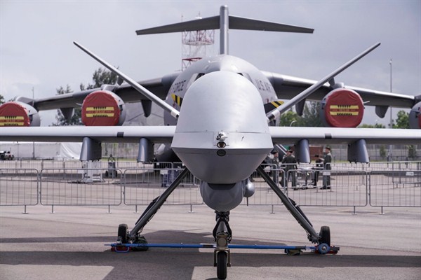 A U.S. Air Force Reaper drone at the Singapore Airshow, Singapore, Feb. 11, 2020 (AP photo by Danial Hakim).