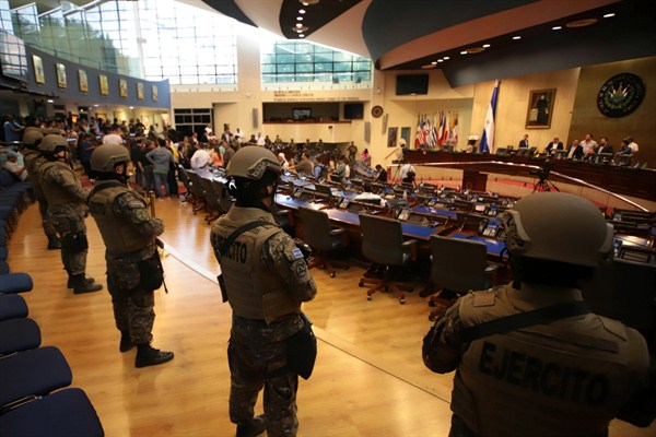 Armed Special Forces soldiers of the Salvadoran Army stand guard in the Legislative Assembly, San Salvador, El Salvador, Feb. 9, 2020 (AP photo by Salvador Melendez).