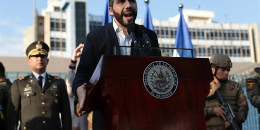 El Salvador’s president, Nayib Bukele, flanked by members of the armed forces, addresses his supporters outside the Legislative Assembly in San Salvador, El Salvador, Feb. 9, 2020 (AP photo by Salvador Melendez).
