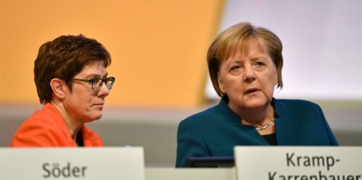 German Chancellor Angela Merkel, right, and German Defense Minister Annegret Kramp-Karrenbauer at the 32nd party conference of the Christian Democratic Union, in Leipzig, Germany, Nov. 23, 2019 (Photo by Frank Hoermann for dpa via AP Images).