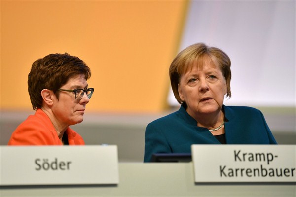 German Chancellor Angela Merkel, right, and German Defense Minister Annegret Kramp-Karrenbauer at the 32nd party conference of the Christian Democratic Union, in Leipzig, Germany, Nov. 23, 2019 (Photo by Frank Hoermann for dpa via AP Images).
