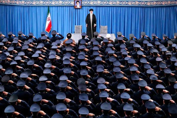 Air force and air defense staff salute Supreme Leader Ayatollah Ali Khamenei at a meeting in Tehran, Iran, Feb. 8, 2020 (Office of the Iranian Supreme Leader photo via AP Images).