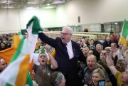 Thomas Gould of the Sinn Fein party celebrating with supporters after the election, in Cork, Ireland, Feb. 9, 2020 (Photo by Yui Mok for Press Association via AP Images).