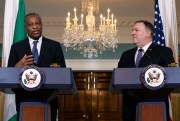 Nigerian Foreign Minister Geoffrey Onyeama speaks next to Secretary of State Mike Pompeo at the State Department in Washington, Feb. 4, 2020 (AP photo by Jacquelyn Martin).