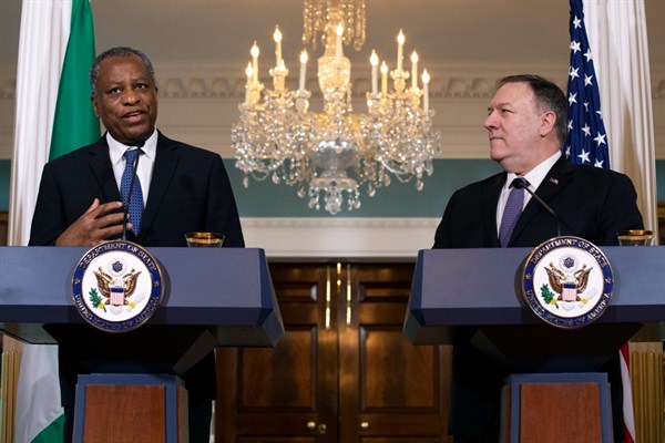 Nigerian Foreign Minister Geoffrey Onyeama speaks next to Secretary of State Mike Pompeo at the State Department in Washington, Feb. 4, 2020 (AP photo by Jacquelyn Martin).