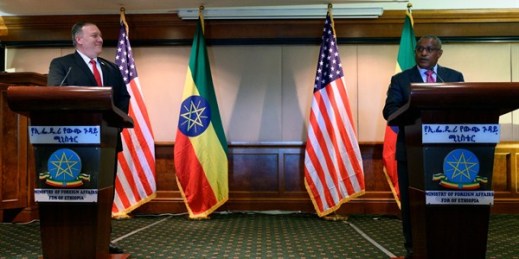U.S. Secretary of State Mike Pompeo at a joint press conference with Ethiopian Foreign Minister Gedu Andargachew, Addis Ababa, Ethiopia, Feb. 18, 2020 (Pool AFP photo by Andrew Caballero-Reynolds via AP).