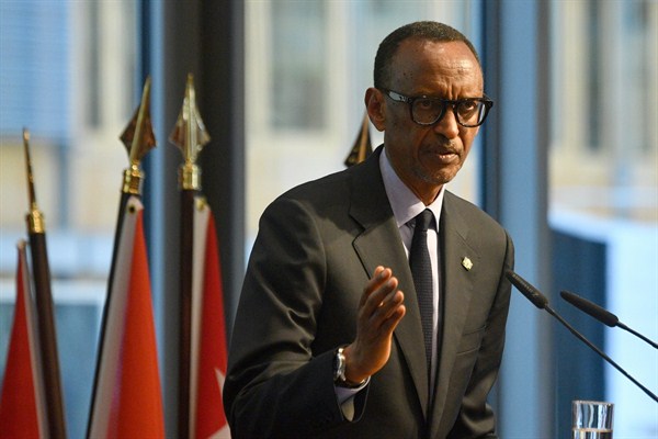 Rwandan President Paul Kagame speaks at a meeting on the sidelines of the G-20 Compact with Africa summit in Berlin, Germany on Nov. 19, 2019 (Photo by John MacDougall for AFP via AP Images).
