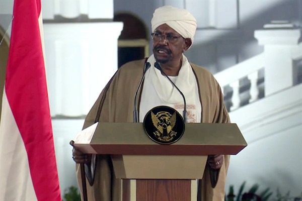 Sudan’s former president, Omar al-Bashir, speaks at the Presidential Palace in Khartoum, Sudan, Feb. 22, 2019 (AP photo by Mohamed Abuamrain).