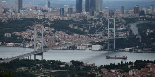 A ship sails through the Bosporus strait in Istanbul, Turkey, June 24, 2018 (AP photo by Emrah Gurel).