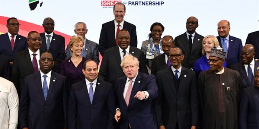 British Prime Minister Boris Johnson, front center, poses for a photo with African leaders at the U.K.-Africa Investment Summit in London, Jan. 20, 2020 (pool photo by Ben Stansall of AFP via AP Images).