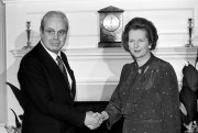 United Nations Secretary-General Javier Perez de Cuellar shakes hands with British Prime Minister Margaret Thatcher at 10 Downing Street, London, July 14, 1982 (Press Association photo via AP Images).