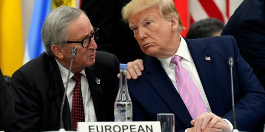President Donald Trump speaks to former European Commission President Jean-Claude Juncker during a session at the G-20 summit in Osaka, Japan, June 28, 2019 (AP photo by Susan Walsh).