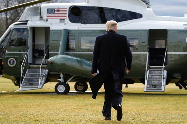 President Donald Trump walks toward Marine One on the South Lawn of the White House, Washington, Feb. 7, 2020 (AP photo by Patrick Semansky).