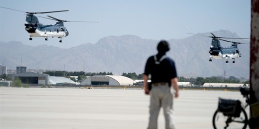 Helicopters with Secretary of State Mike Pompeo aboard take off at Camp Alvarado in Kabul, Afghanistan, July 9, 2018 (AP photo by Andrew Harnik).
