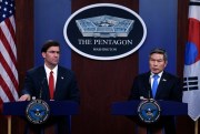 U.S. Defense Secretary Mark Esper, left, and South Korean Defense Minister Jeong Kyeong-doo, speak during a news conference at the Pentagon in Washington, Feb. 24, 2020 (AP photo by Susan Walsh).
