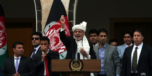 Afghan President Ashraf Ghani at his inauguration ceremony at the presidential palace in Kabul, March 9, 2020 (AP Photo by Rahmat Gul).