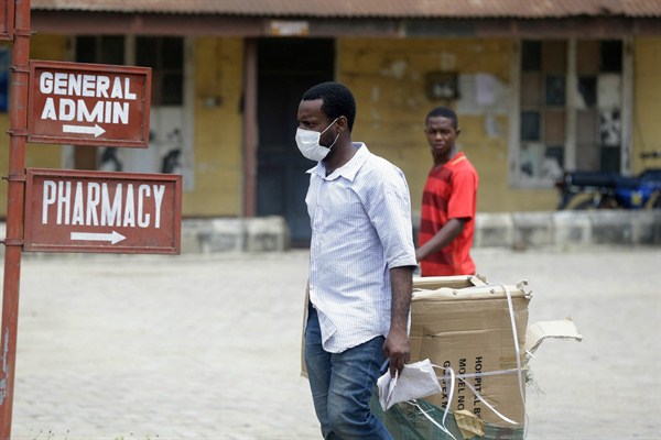 Outside the Yaba Mainland hospital in Lagos, Nigeria, Feb. 28, 2020 (AP photo by Sunday Alamba).