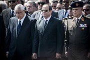 Egyptian President Abdel Fattah el-Sisi, center, attends the military funeral of former President Hosni Mubarak, Cairo, Egypt, Feb. 26, 2020 (photo by Gehad Hamdy for dpa via AP Images).