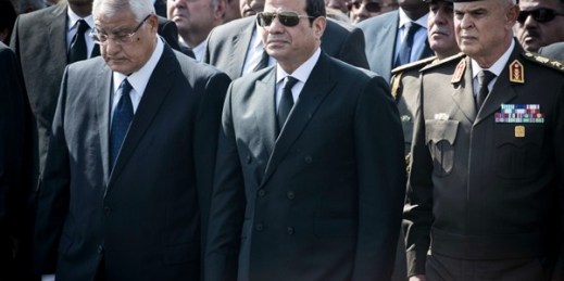 Egyptian President Abdel Fattah el-Sisi, center, attends the military funeral of former President Hosni Mubarak, Cairo, Egypt, Feb. 26, 2020 (photo by Gehad Hamdy for dpa via AP Images).