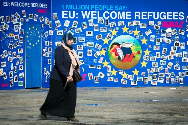 The “Wall of Welcome” in front of European Commission headquarters in Brussels, Belgium, Sept. 14, 2015 (Photo by Wiktor Dabkowski for dpa via AP Images).