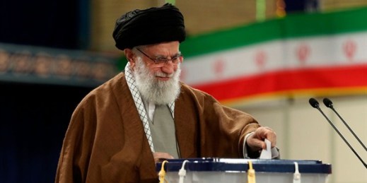 Iranian Supreme Leader Ayatollah Ali Khamenei casts his ballot in parliamentary elections, in Tehran, Feb. 21, 2020 (Office of the Iranian Supreme Leader photo via AP Images).