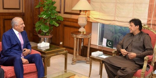 Pakistani Prime Minister Imran Khan, right, meets U.S. envoy Zalmay Khalilzad in Islamabad, Pakistan, Aug. 1, 2019 (Pakistan Press Information Department photo via AP Images).