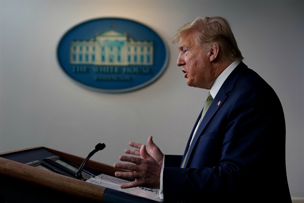 President Donald Trump during a press briefing with the coronavirus task force at the White House, Washington, March 17, 2020 (AP Photo by Evan Vucci).