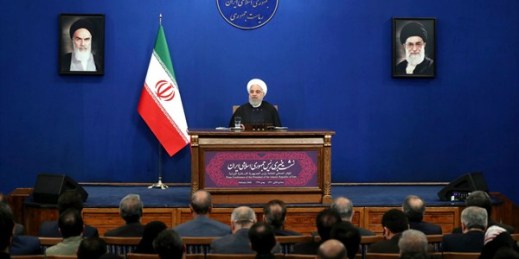 Iranian President Hassan Rouhani gives a press conference in Tehran, Feb. 16, 2020 (AP photo by Ebrahim Noroozi).