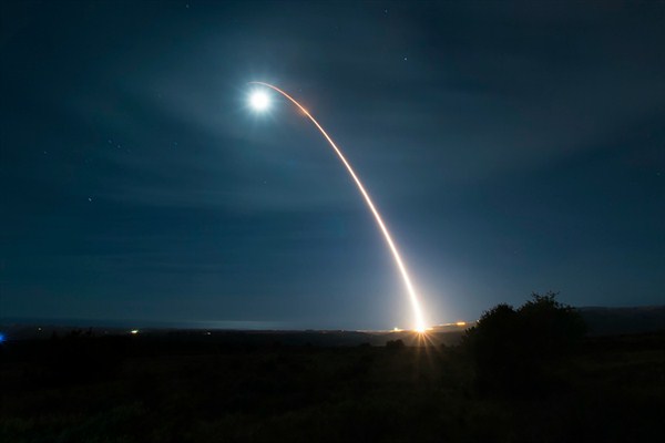The launch of an unarmed Minuteman III intercontinental ballistic missile during a developmental test at Vandenberg Air Force Base, Calif., Feb. 5, 2020 (Photo by Senior Airman Clayton Wear for U.S. Air Force via AP Images).