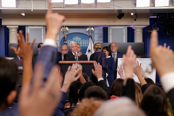 Vice President Mike Pence and other U.S. officials take questions in the press briefing room of the White House, Washington, March 10, 2020 (AP photo by Carolyn Kaster).