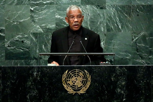 Guyana’s president, David Granger, addresses the 71st session of the United Nations General Assembly, at U.N. headquarters, Sept. 20, 2016 (AP photo by Richard Drew).