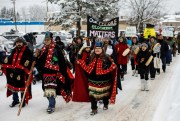Wet’suwet’en hereditary chiefs, who oppose the Coastal GasLink pipeline, take part in a rally in Smithers, British Columbia, Jan. 10, 2020 (Photo by Jason Franson for The Canadian Press via AP Images).