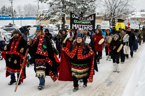 Wet’suwet’en hereditary chiefs, who oppose the Coastal GasLink pipeline, take part in a rally in Smithers, British Columbia, Jan. 10, 2020 (Photo by Jason Franson for The Canadian Press via AP Images).